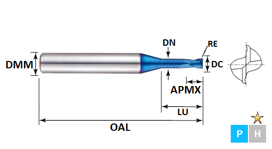 2.0mm 2 Flute 0.2mm Corner Radius (8.0mm Effective Length) Rib Processing Pulsar Blue Carbide Slot Drill